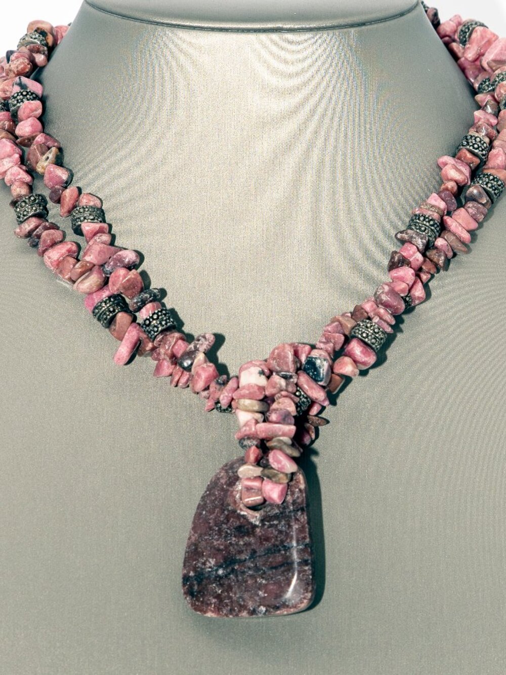 Rhodonite Stone Raw Chips necklace with single pendant Handcrafted Boho jewelry